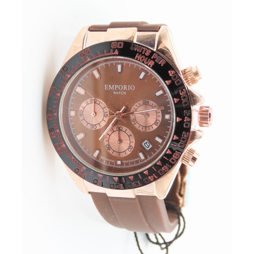 54 - Emporio Watch Mechanical Chronograph Wrist Watch Date Apeture Rose Gold Color Case with Brown Silico... 