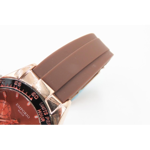 54 - Emporio Watch Mechanical Chronograph Wrist Watch Date Apeture Rose Gold Color Case with Brown Silico... 