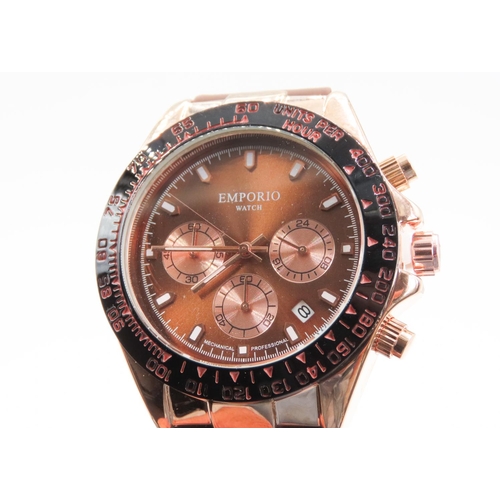 54 - Emporio Watch Mechanical Chronograph Wrist Watch Date Apeture Rose Gold Color Case with Brown Silico... 