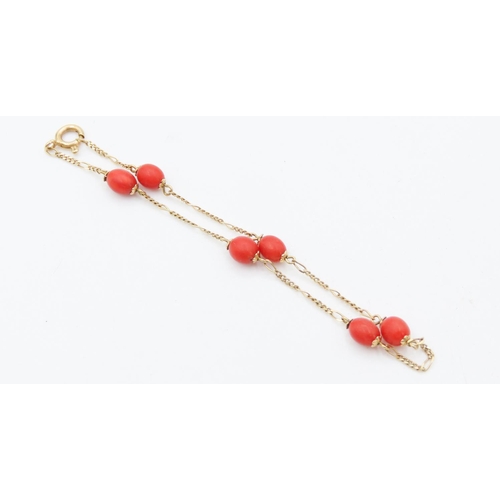 56 - 18 Carat Yellow Gold Red Coral Bead Set Bracelet 18.5cm Long