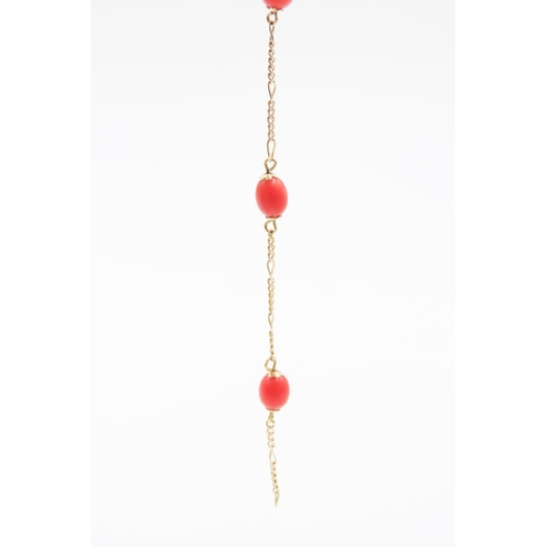 56 - 18 Carat Yellow Gold Red Coral Bead Set Bracelet 18.5cm Long