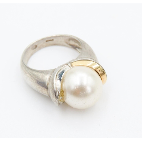 57 - Pearl Set Statement Ring Size N with Gold Sets on Silver Band