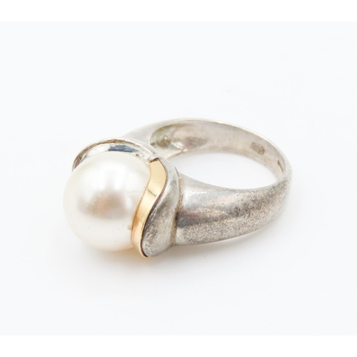 57 - Pearl Set Statement Ring Size N with Gold Sets on Silver Band