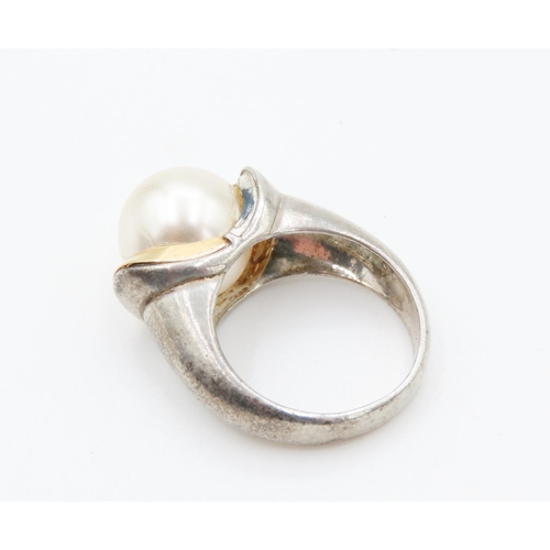 57 - Pearl Set Statement Ring Size N with Gold Sets on Silver Band