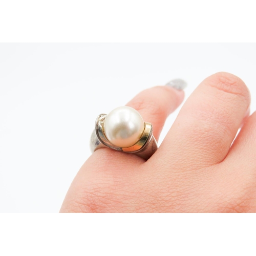 57 - Pearl Set Statement Ring Size N with Gold Sets on Silver Band