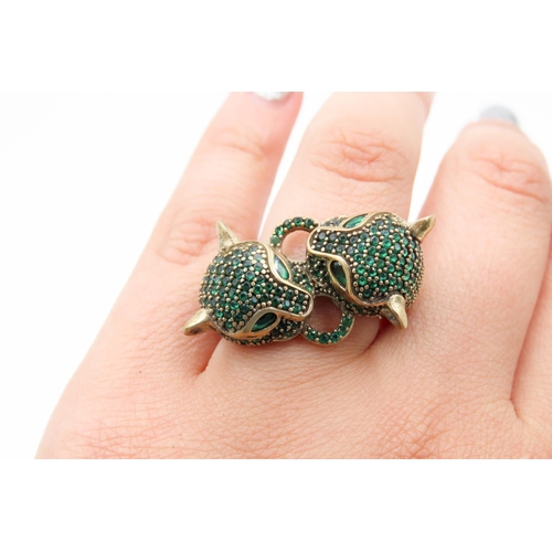 58 - Silver Twin Panther Motif Gemstone Set Ring with Silver Gilt Decoration Attractively Detailed Ring S... 