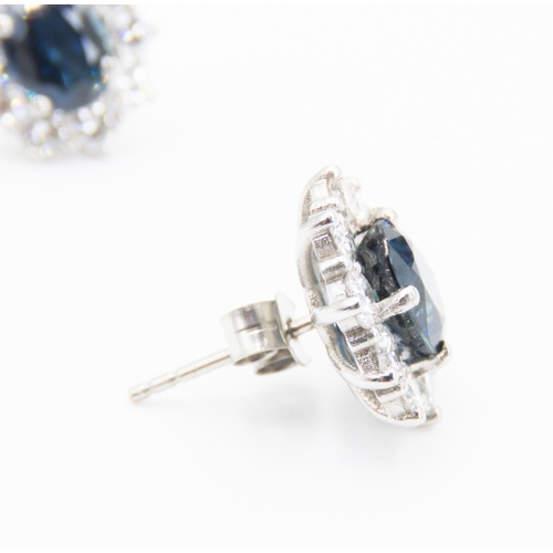 62 - Pair of Sapphire and Diamond Set Lady Diana Cluster Earrings Mounted in Platinum Total Sapphire Cara... 