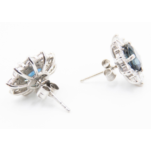 62 - Pair of Sapphire and Diamond Set Lady Diana Cluster Earrings Mounted in Platinum Total Sapphire Cara... 