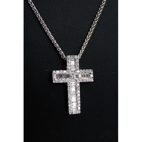 63 - Baguette and Round Cut Diamond Set Cross Pendant Mounted in 18 Carat White Gold 2.5cm High Further S... 