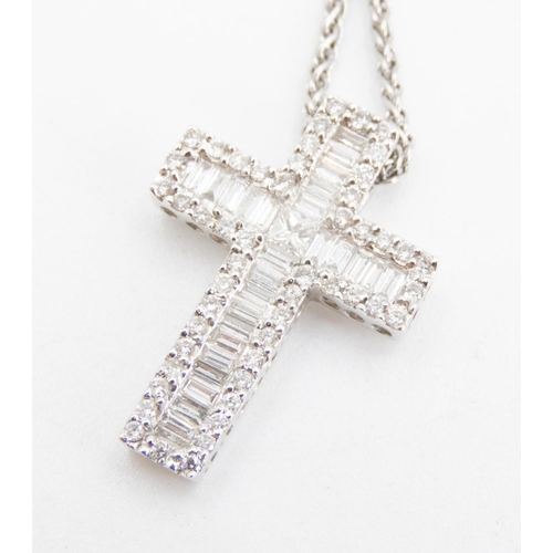 63 - Baguette and Round Cut Diamond Set Cross Pendant Mounted in 18 Carat White Gold 2.5cm High Further S... 