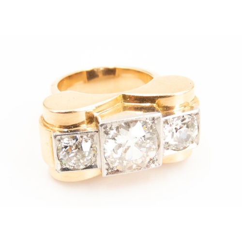 64 - Art Deco French Diamond Three Stone Ring Diamonds Set in Platinum Further Mounted on 18 Carat Yellow... 