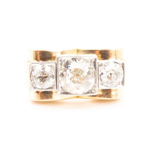 64 - Art Deco French Diamond Three Stone Ring Diamonds Set in Platinum Further Mounted on 18 Carat Yellow... 