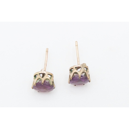 68 - Pair of 9 carat Yellow Gold Basket Set Amethyst Earrings Eight Claw Set 7mm High