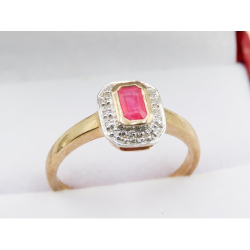 72 - Bezel Set Ruby Centre Stone Ring Diamond Set Halo Surround Mounted in 9 Carat Yellow Gold Ring Size ... 