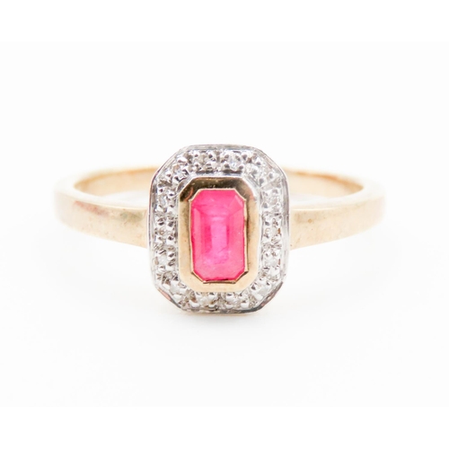 72 - Bezel Set Ruby Centre Stone Ring Diamond Set Halo Surround Mounted in 9 Carat Yellow Gold Ring Size ... 