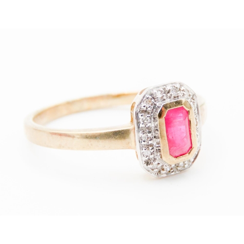 72 - Bezel Set Ruby Centre Stone Ring Diamond Set Halo Surround Mounted in 9 Carat Yellow Gold Ring Size ... 