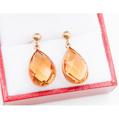 73 - Pair of Facet Pear Cut Citrine Set Ladies Drop Earrings Set in 9 Carat Yellow Gold 2cm High