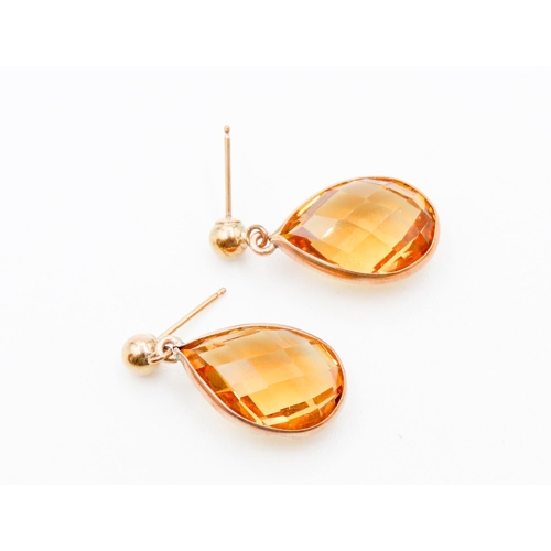 73 - Pair of Facet Pear Cut Citrine Set Ladies Drop Earrings Set in 9 Carat Yellow Gold 2cm High