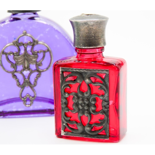 78 - Three Perfume Bottles Green Purple and Red Glass Attractively Detailed Silver Set Tallest 5.5cm High