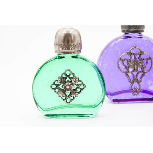 78 - Three Perfume Bottles Green Purple and Red Glass Attractively Detailed Silver Set Tallest 5.5cm High