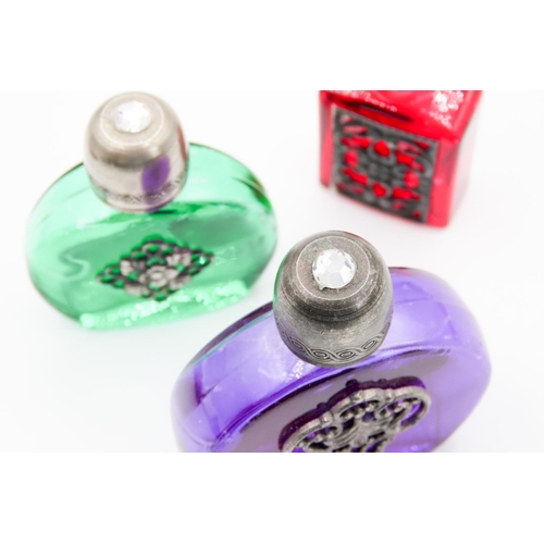 78 - Three Perfume Bottles Green Purple and Red Glass Attractively Detailed Silver Set Tallest 5.5cm High