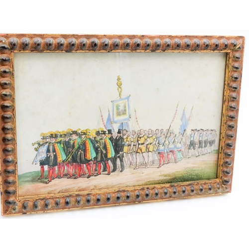 80 - Victorian School Watercolour Parade Scene 23cm Long 16cm High Contained within Beaded Gilded Frame