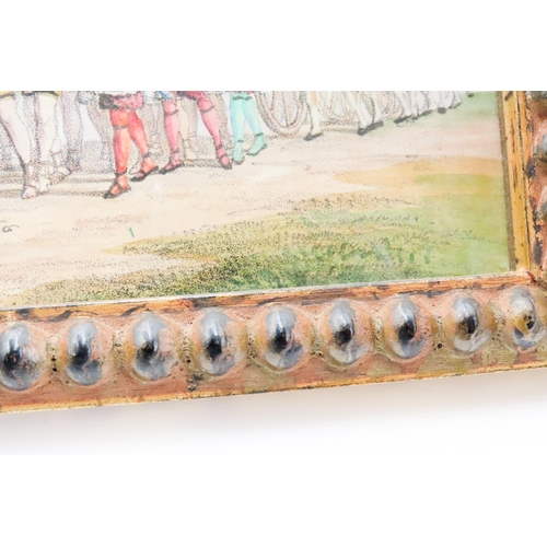 80 - Victorian School Watercolour Parade Scene 23cm Long 16cm High Contained within Beaded Gilded Frame