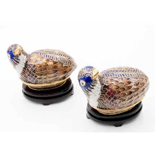 81 - Pair of Attractively Detailed Cloisonne Enamel Decorated Quail Bird Trinket Boxes with Wood Stands 6... 