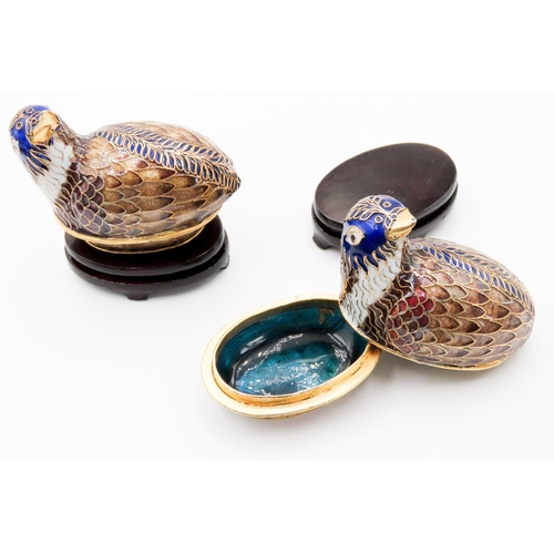 81 - Pair of Attractively Detailed Cloisonne Enamel Decorated Quail Bird Trinket Boxes with Wood Stands 6... 