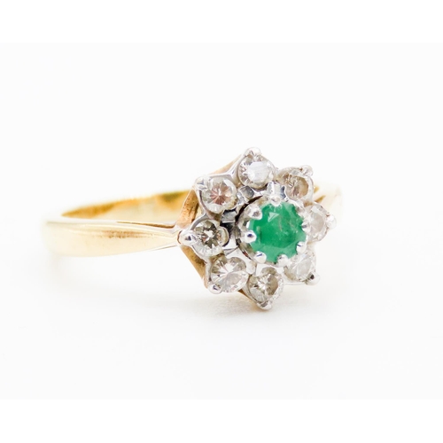 88 - Emerald and Diamond Set Ladies Cluster Ring Mounted on 18 Carat Yellow Gold Ring Size L