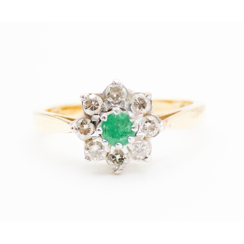 88 - Emerald and Diamond Set Ladies Cluster Ring Mounted on 18 Carat Yellow Gold Ring Size L