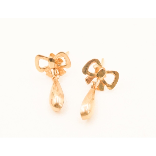 93 - Pair of 9 Carat Yellow Gold Bow Motif Drop Earrings Each 2cm Drop