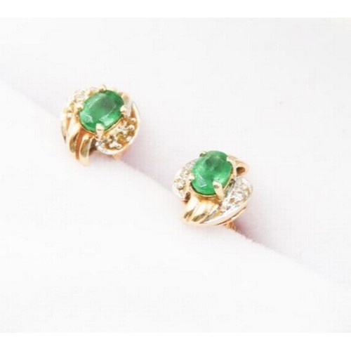 5 - Pair of Emerald and Diamond Set Ribbon Form Earrings Set in 14 Carat Yellow Gold Each  6mm high