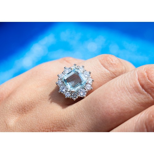 153 - Cushion Cut Aquamarine Centre Stone Ring Diamond Set Halo Surround Mounted in Platinum Total Aquamar... 