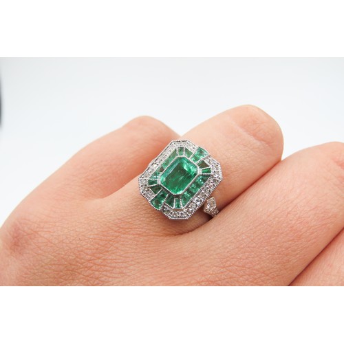 151 - Emerald and Diamond Set Ladies Panel Form Ring Mounted in Platinum Ring Size N Total Emerald Carat W... 