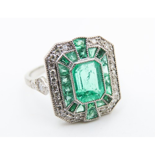 151 - Emerald and Diamond Set Ladies Panel Form Ring Mounted in Platinum Ring Size N Total Emerald Carat W... 