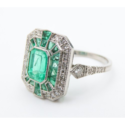 151 - Emerald and Diamond Set Ladies Panel Form Ring Mounted in Platinum Ring Size N Total Emerald Carat W... 