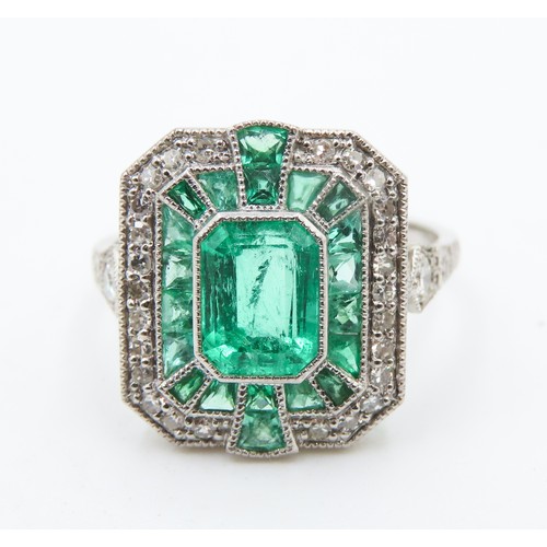 151 - Emerald and Diamond Set Ladies Panel Form Ring Mounted in Platinum Ring Size N Total Emerald Carat W... 