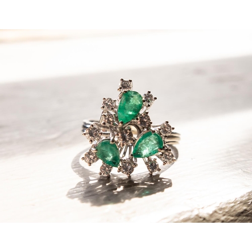 103 - Three Stone Pear Cut Emerald and Diamond Set Cluster Ring Set in 14 Carat White Gold Finely Detailed... 