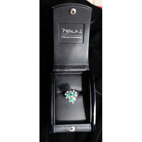 103 - Three Stone Pear Cut Emerald and Diamond Set Cluster Ring Set in 14 Carat White Gold Finely Detailed... 