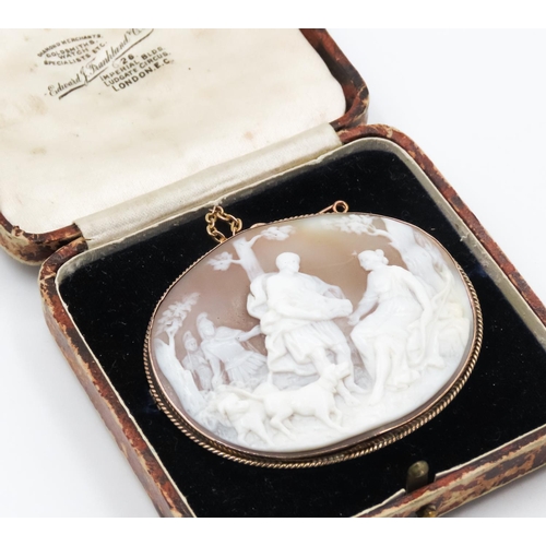 108 - Greek Hunting Scene Cameo Shell Brooch Set in 9 Carat Rose Gold Safety Chain Present 6.5cm Wide 5cm ... 