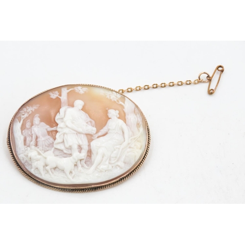 108 - Greek Hunting Scene Cameo Shell Brooch Set in 9 Carat Rose Gold Safety Chain Present 6.5cm Wide 5cm ... 