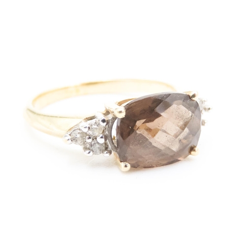 115 - Facet Cut Smoky Quartz Ring Mounted in 14 Carat Yellow Gold Further Diamonds Set to Shoulders Ring S... 