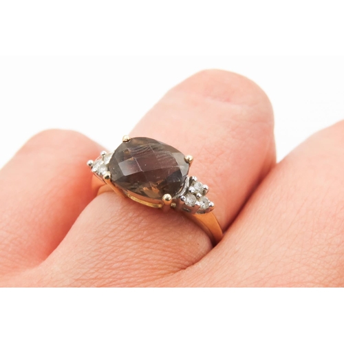 115 - Facet Cut Smoky Quartz Ring Mounted in 14 Carat Yellow Gold Further Diamonds Set to Shoulders Ring S... 