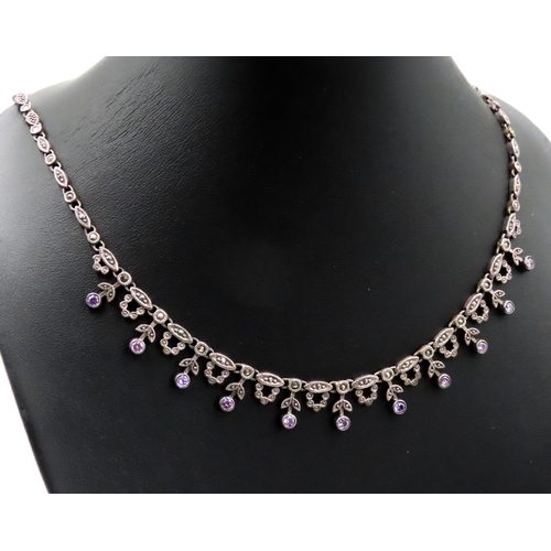 117 - Antique Austrian Amethyst and Marcasite Set Ladies Fringe Necklace Set in Silver Attractively Detail... 