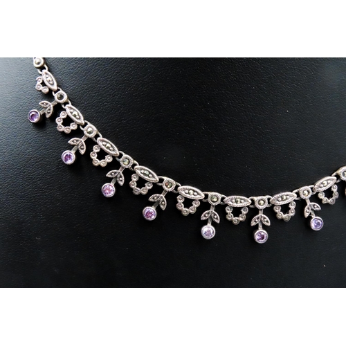 117 - Antique Austrian Amethyst and Marcasite Set Ladies Fringe Necklace Set in Silver Attractively Detail... 