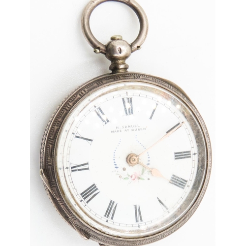 143 - H Samuel Silver Cased Pocket Watch Made in Buren Incised Detailing 4cm Diameter