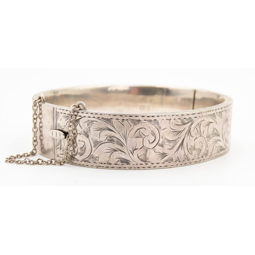 144 - Finely Detailed Silver Bangle Bracelet Floral Incised Detailing 1.5cm Wide Inner Width 6cm