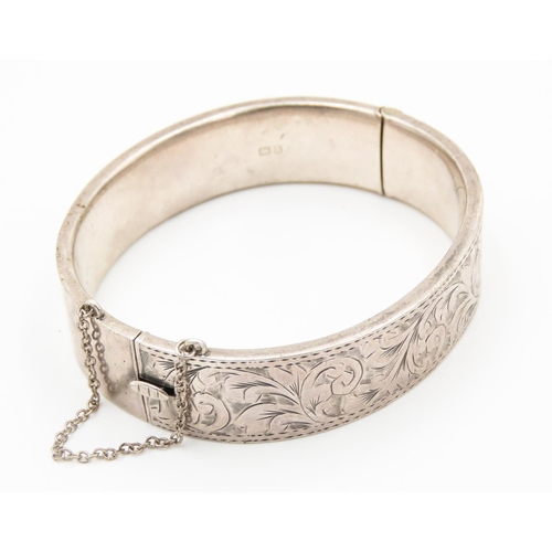 144 - Finely Detailed Silver Bangle Bracelet Floral Incised Detailing 1.5cm Wide Inner Width 6cm