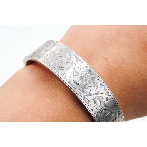 144 - Finely Detailed Silver Bangle Bracelet Floral Incised Detailing 1.5cm Wide Inner Width 6cm